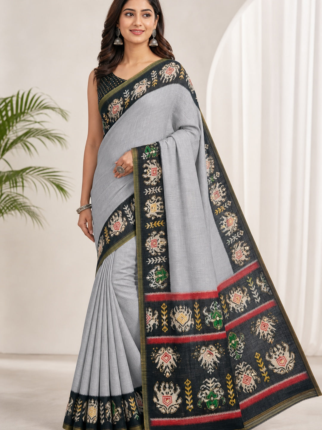 Peachmode Grey Linen Saree with Digital Print and Zari Work - Image 1