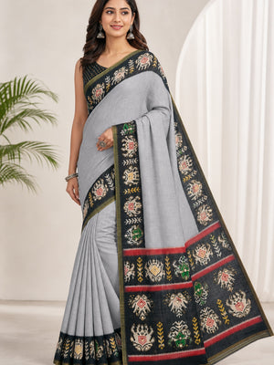 Peachmode Grey Linen Saree with Digital Print and Zari Work - Image 1