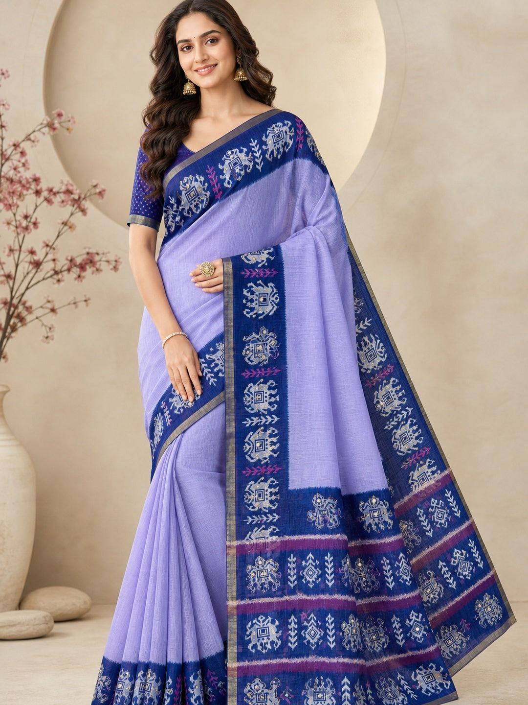 Peachmode Lavender Linen Saree with Digital Print and Zari Work - Image 1