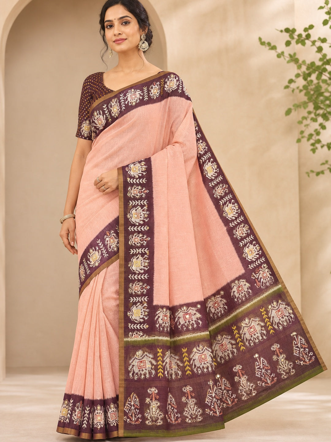 Peachmode Peach Linen Saree with Digital Print and Zari Work - Image 1