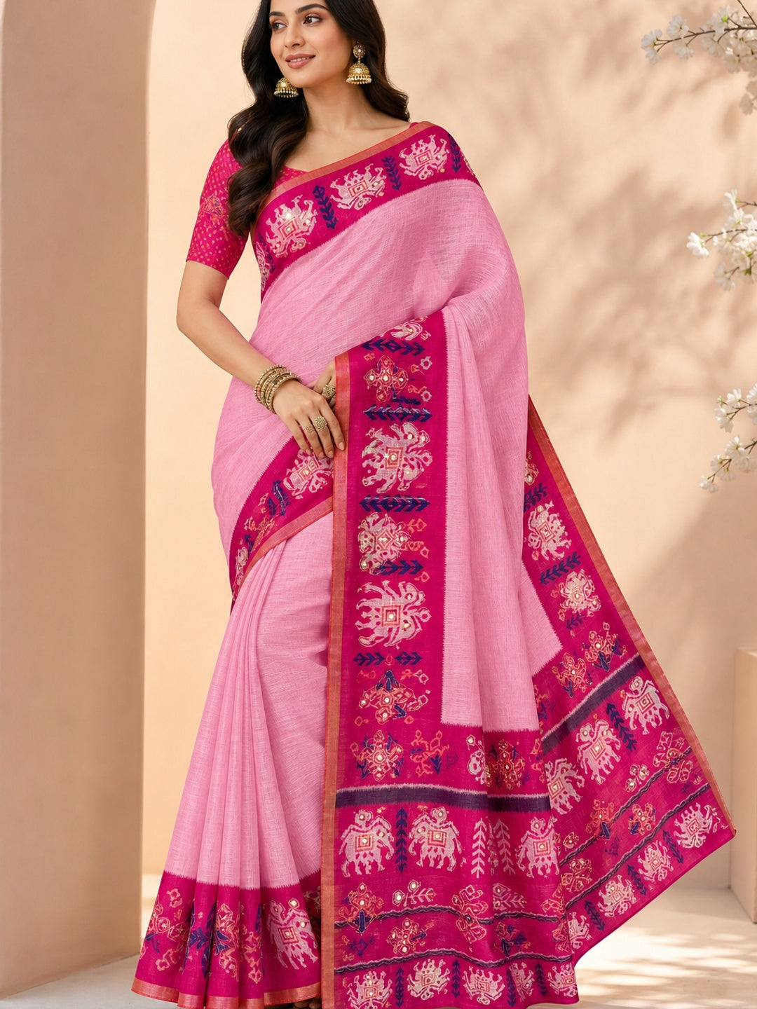Peachmode Pink Linen Saree with Digital Print and Zari Work - Image 1
