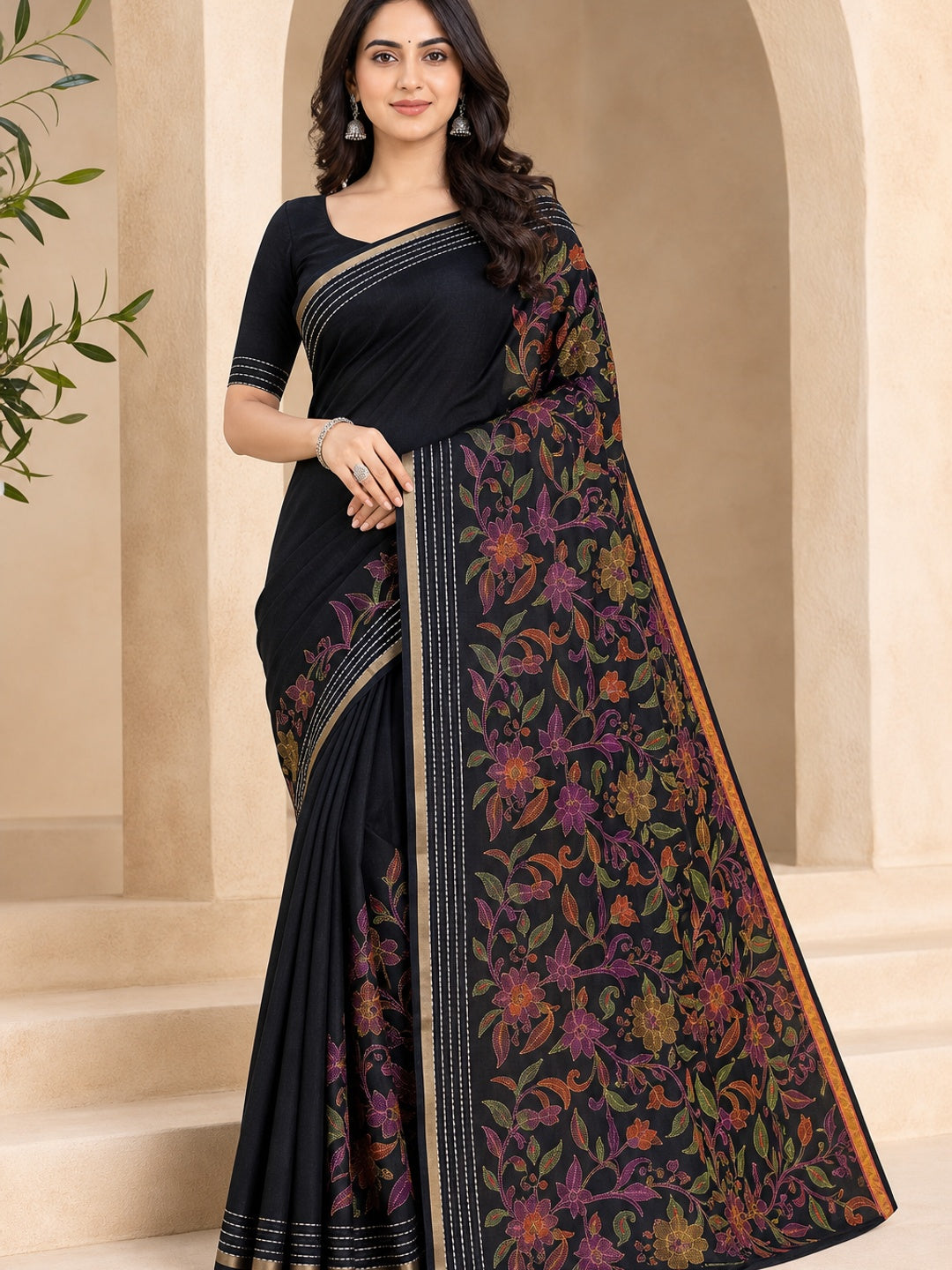 Peachmode Black Cotton Crape Saree with Katha Thread Work - Image 1
