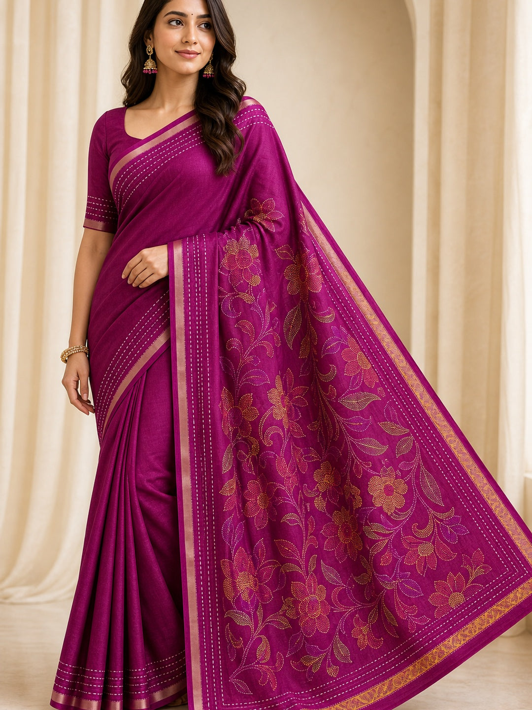 Peachmode Magenta Cotton Crape Saree with Katha Thread Work - Image 1