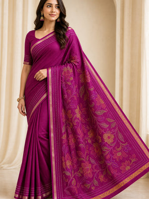 Peachmode Magenta Cotton Crape Saree with Katha Thread Work - Image 1