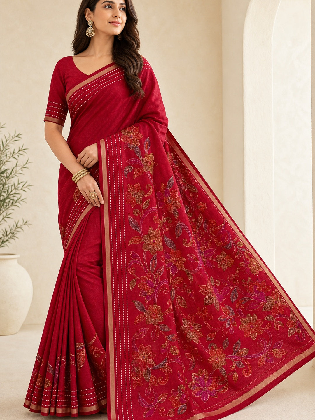 Peachmode Red Cotton Crape Saree with Katha Thread Work - Image 1