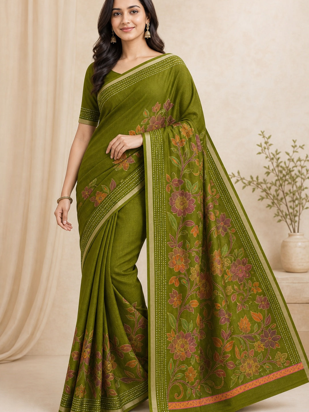 Peachmode Olive Cotton Crape Saree with Katha Thread Work - Image 1