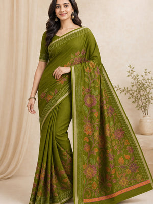 Peachmode Olive Cotton Crape Saree with Katha Thread Work - Image 1