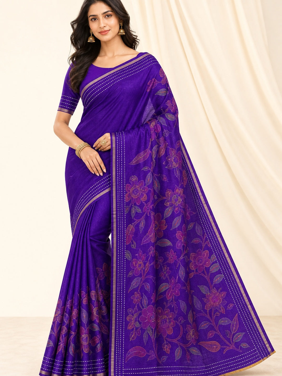 Peachmode Purple Cotton Crape Saree with Katha Thread Work - Image 1