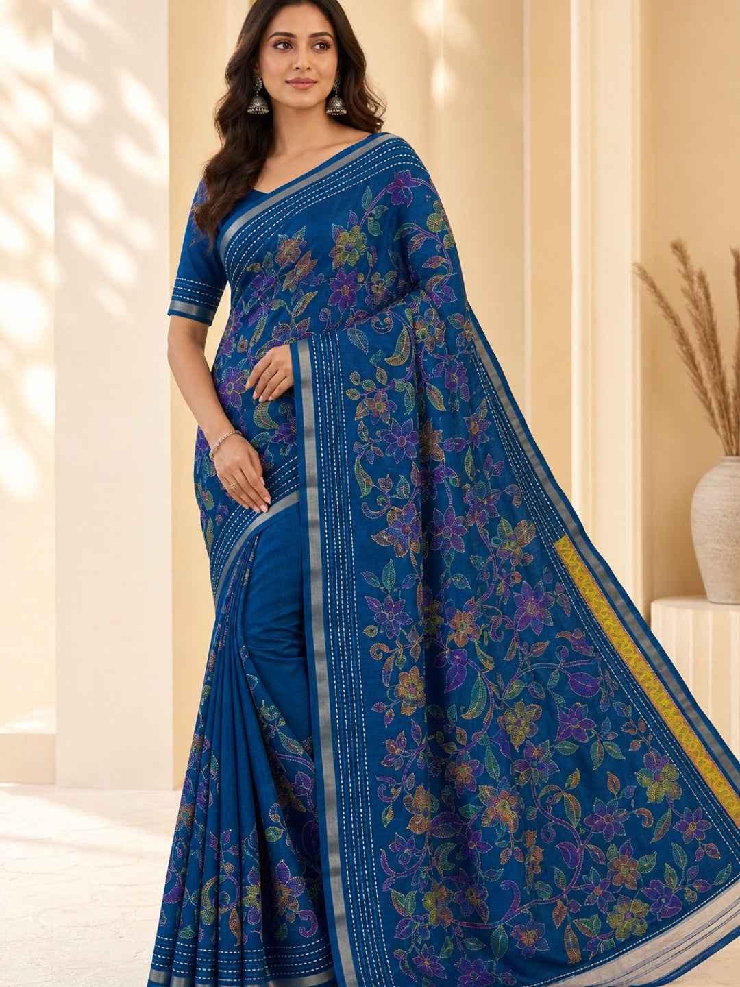 Peachmode Blue Cotton Crape Saree with Katha Thread Work - Image 1