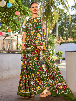 Elegant Green Tussar Silk Saree with Traditional Ikkat Motifs - Image 1