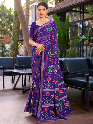 Elegant Violet Tussar Silk Saree with Traditional Ikkat Motifs - Image 1