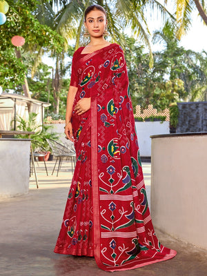 Red Tussar Silk Saree with Elegant Ikkat Motifs and Modern Style - Image 1