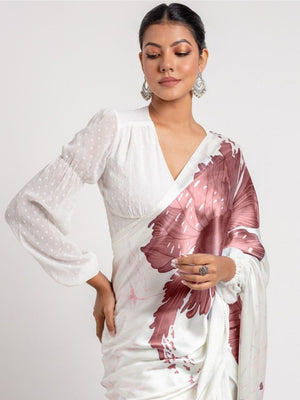 White & Wine Floral Digital Printed Satin Saree With Modern Work Design - Image 2