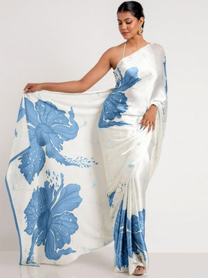 White & Blue Floral Digital Printed Satin Saree With Modern Work Design - Image 1