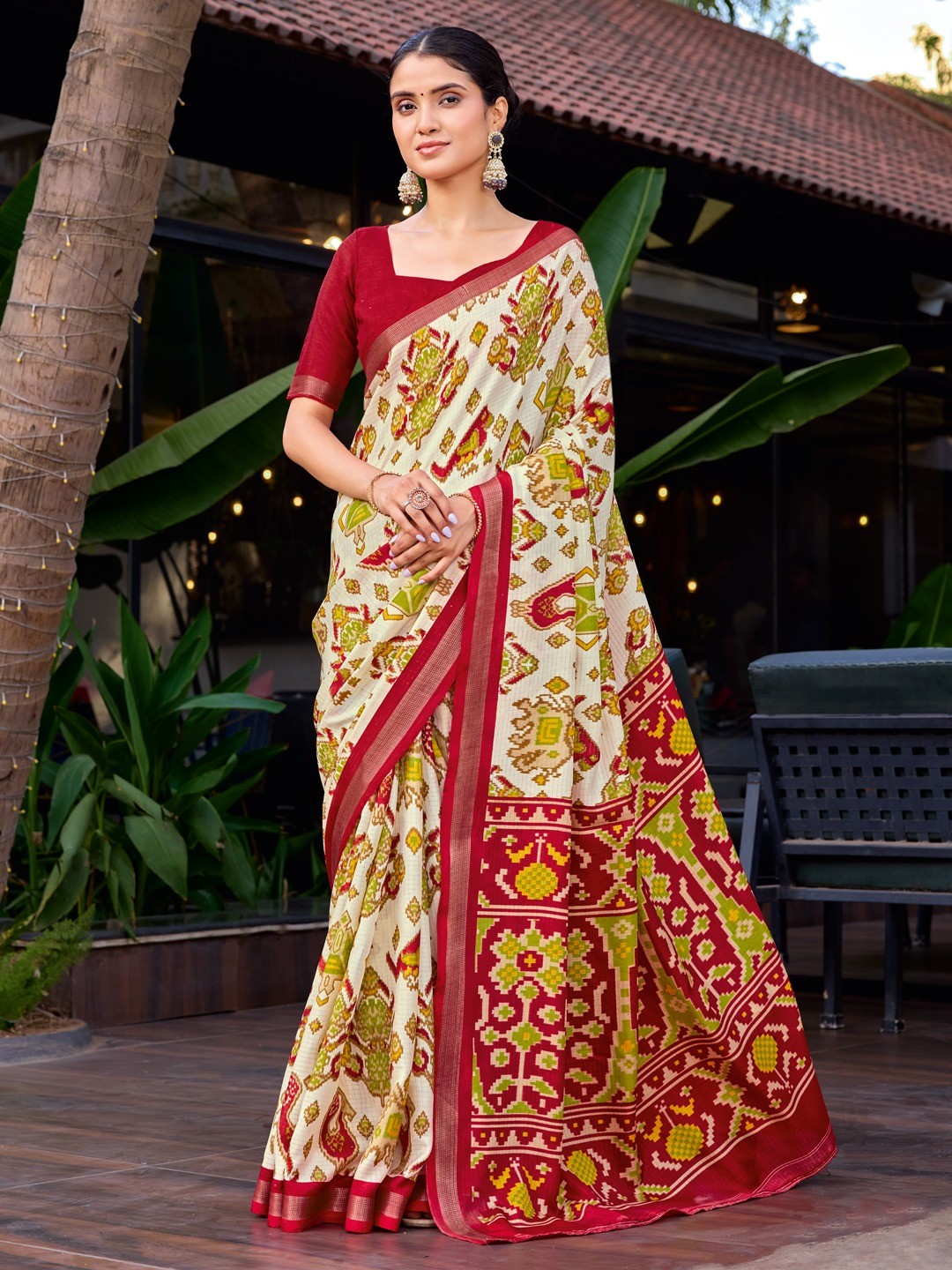 Cream Tussar Silk Saree with Elegant Ikkat Motifs - Image 1