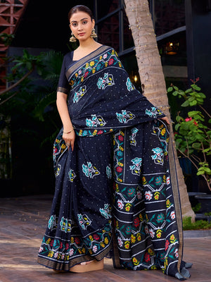 Navy Blue Tussar Silk Saree with Elegant Ikkat Motifs Modern Style - Image 2