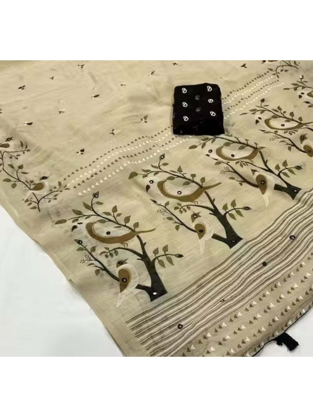 Peachmode Beige Linen Saree with mirror work - Image 3