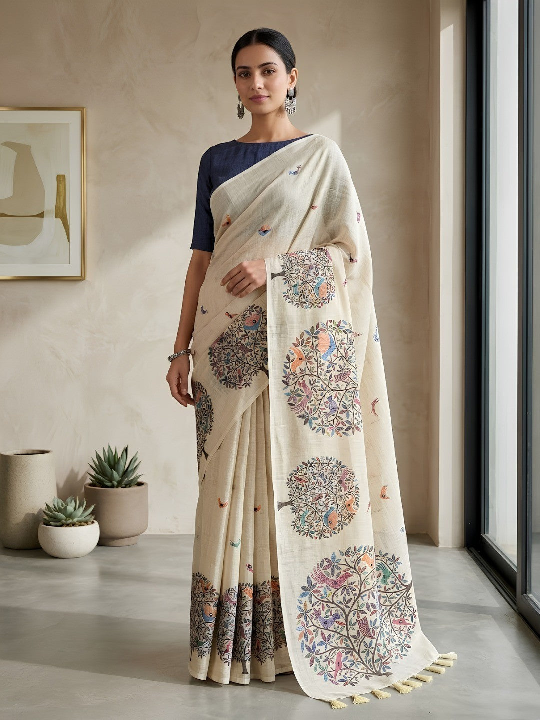 Peachmode Cream Linen Saree with mirror work - Image 1