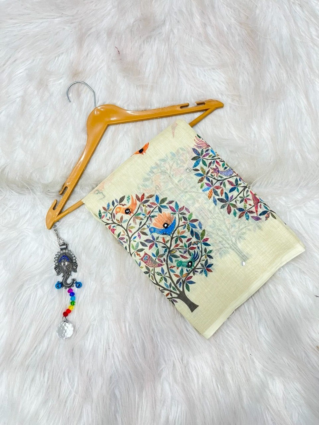 Peachmode Cream Linen Saree with mirror work - Image 2