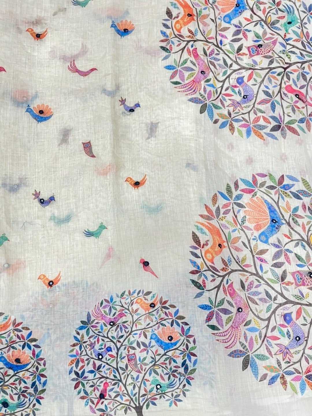 Peachmode Cream Linen Saree with mirror work - Image 3