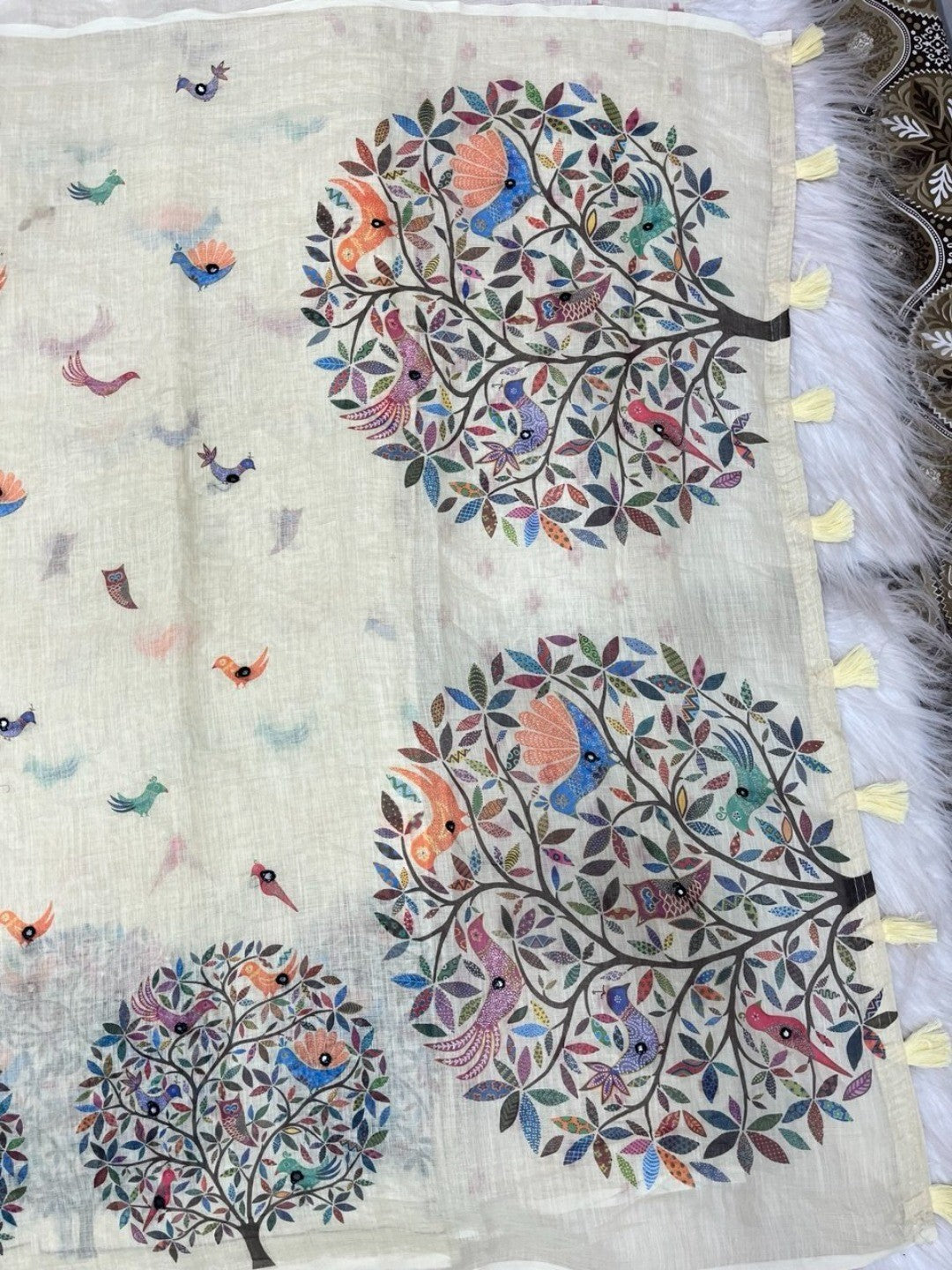 Peachmode Cream Linen Saree with mirror work - Image 4