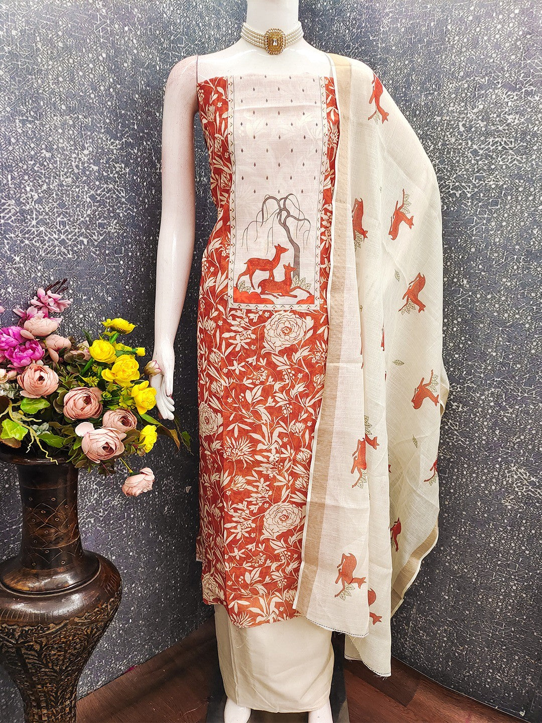 Cream & Rust Linen Dress Material with Printed Design Soft Festive Style - Image 3