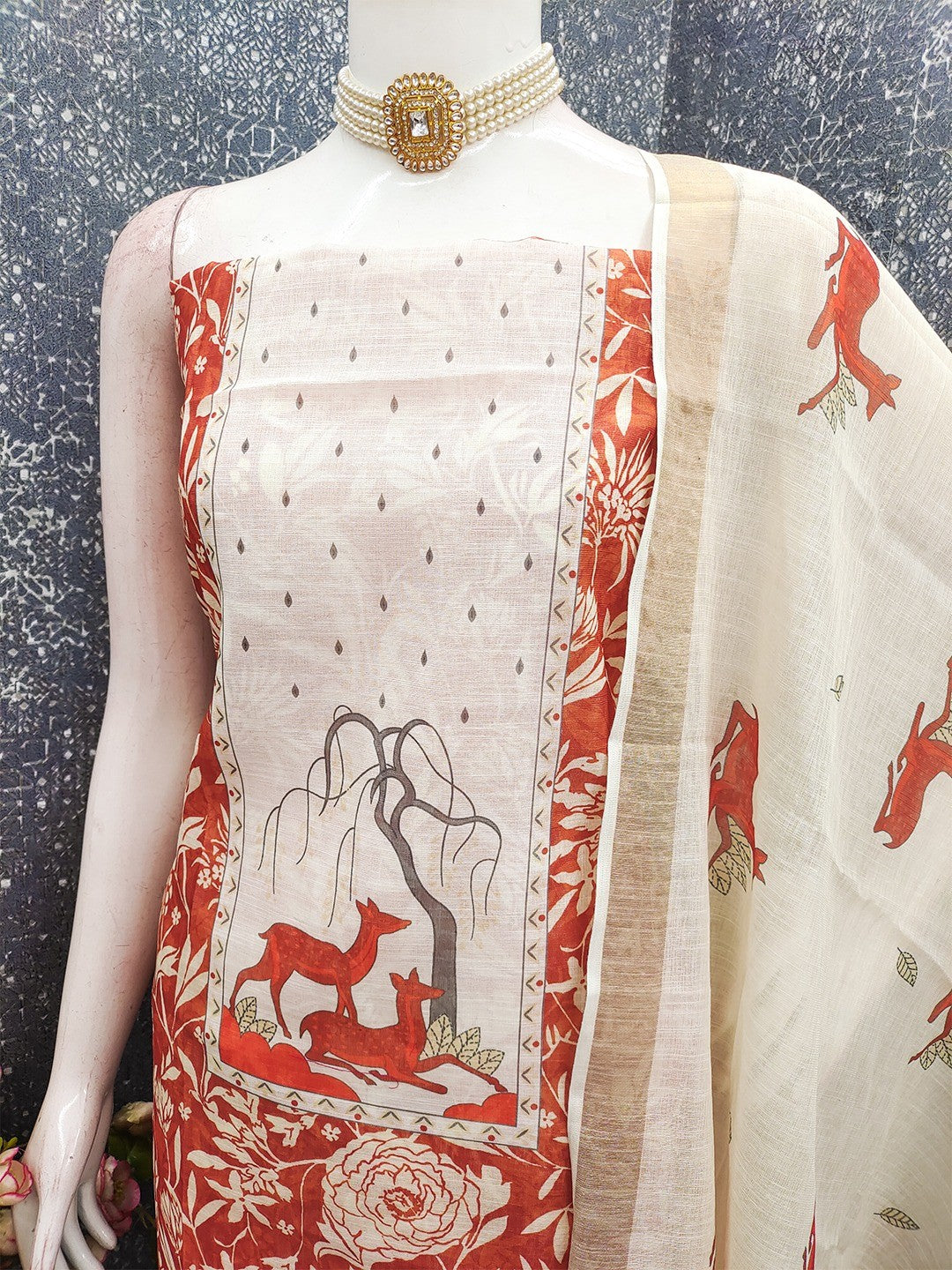 Cream & Rust Linen Dress Material with Printed Design Soft Festive Style - Image 4