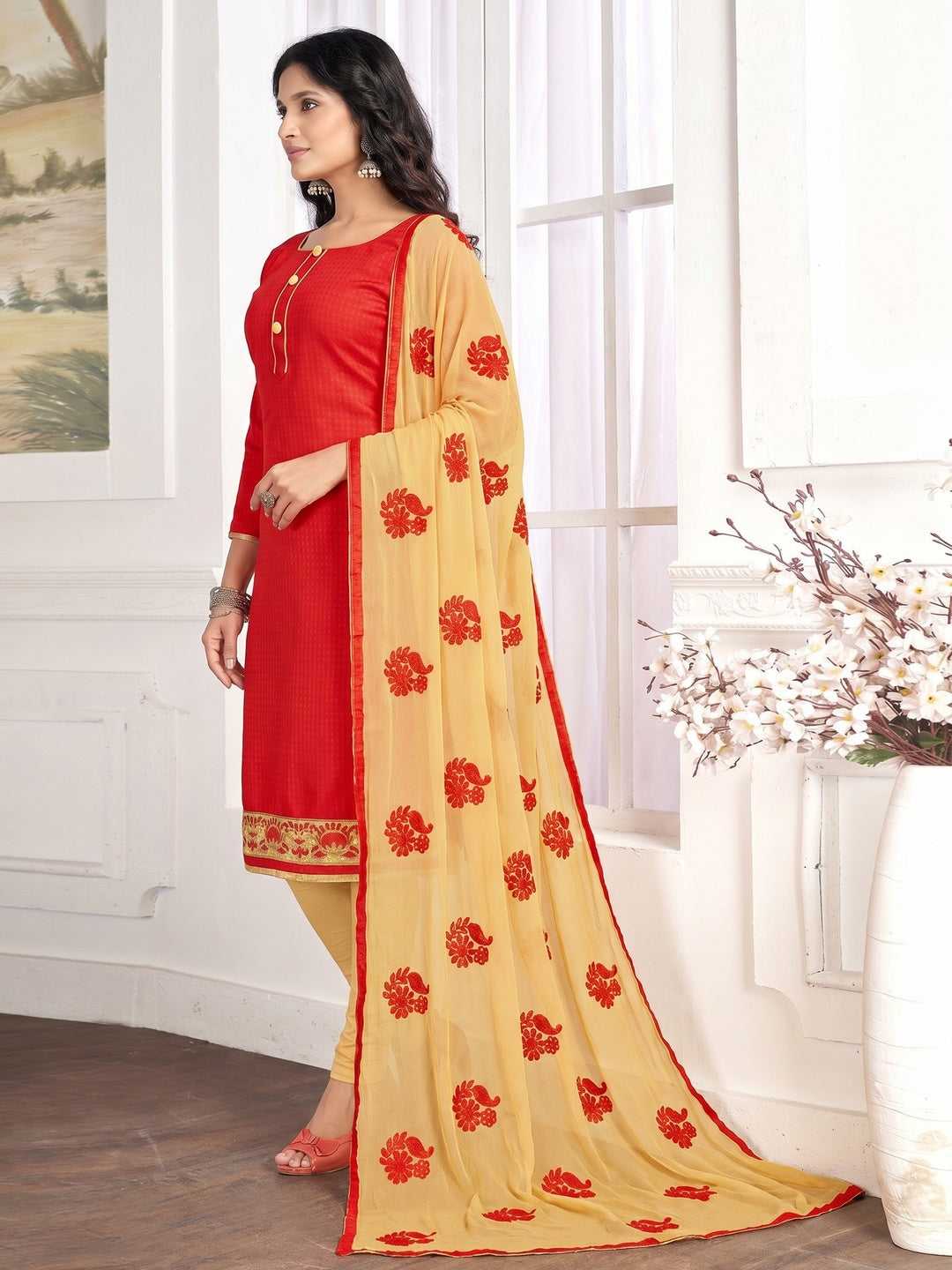 Gleaming Red Colored Partywear Embroidered Cotton Suit - Image 1