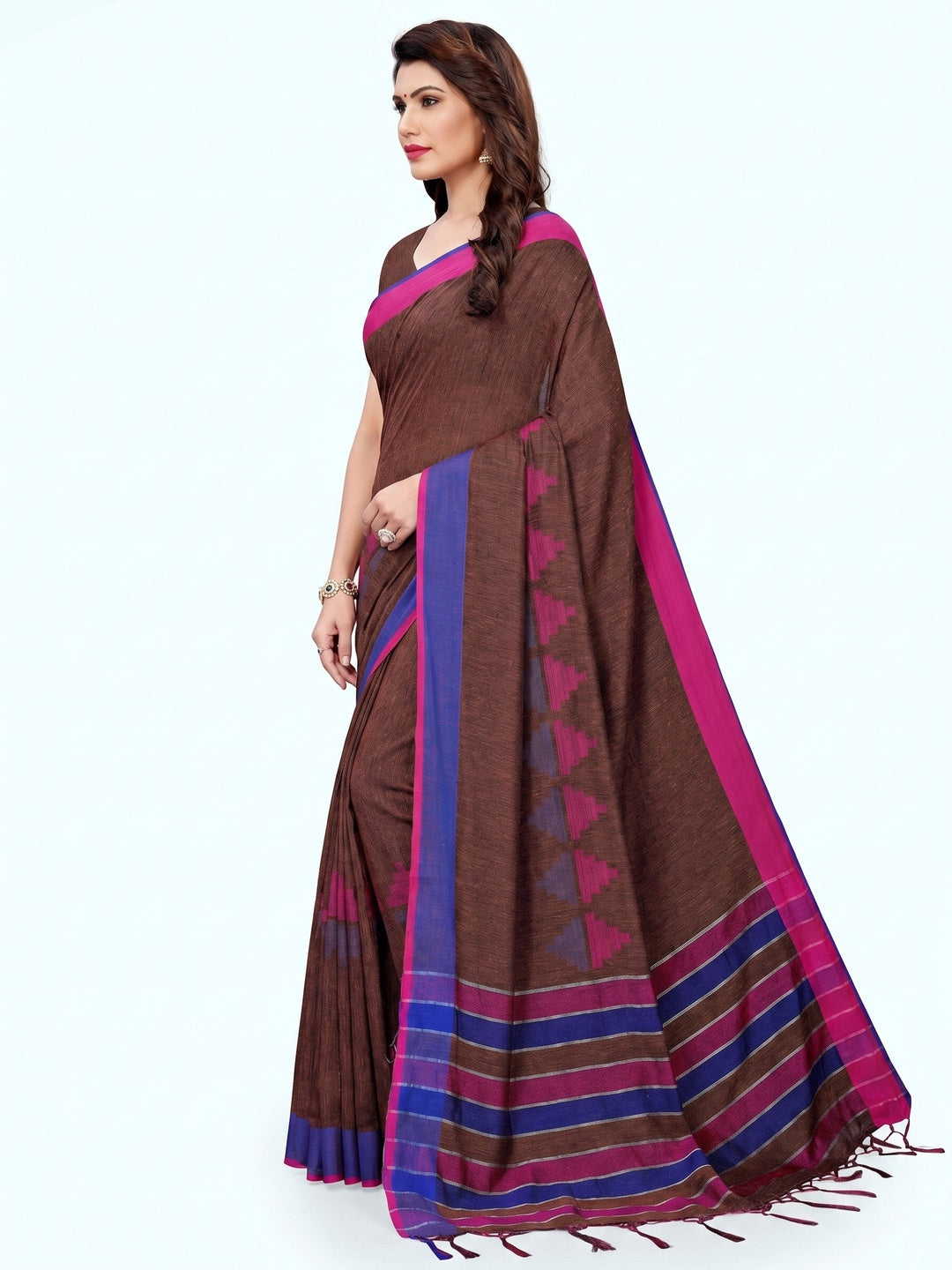 Eye-catching Brown Colored Casual Printed Wear Linen Saree - Image 1