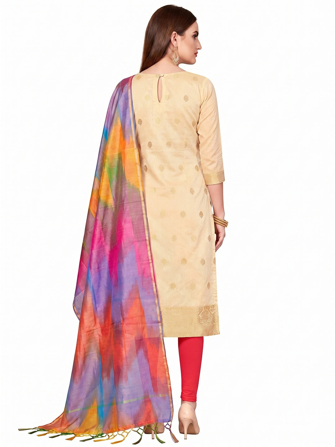 Gorgeous Cream Colored Casual Wear Woven Banarasi Silk Dress Material - Image 5
