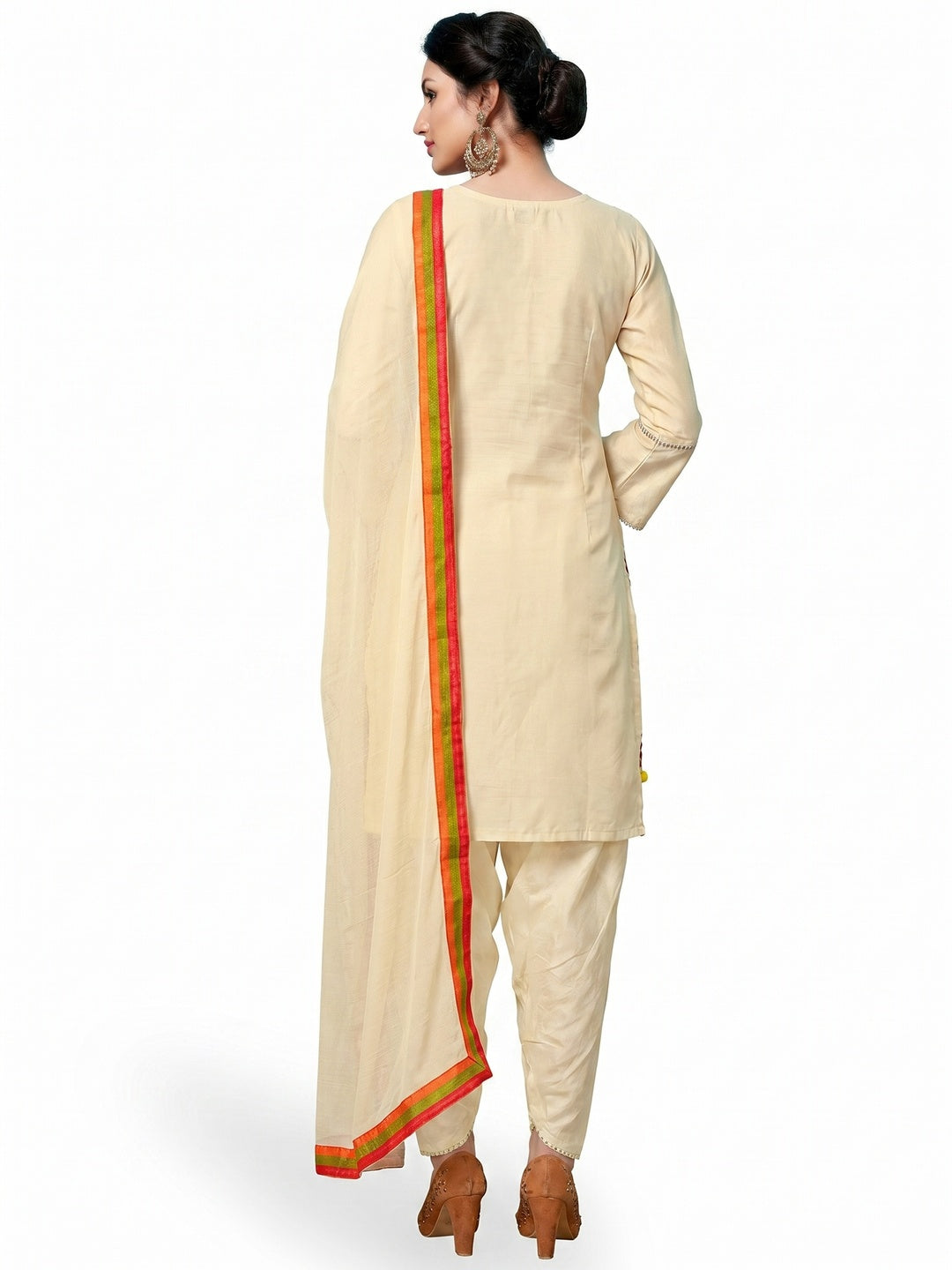 Attractive Cream Colored Partywear Embroidered Cotton Dress Material - Image 2