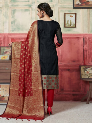 Elegant Black Colored Festive Wear Woven Jacquard Silk Dress Material With Banarasi Silk Dupatta - Image 1