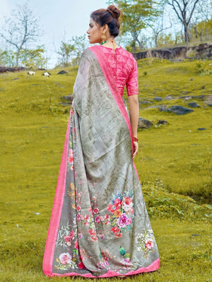 Exotic Gray Colored Casual Digital Printed Satin Crepe Saree - Image 1