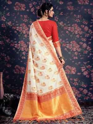 Appealing Cream-Red Colored Festive Wear Woven Silk Saree - Image 1