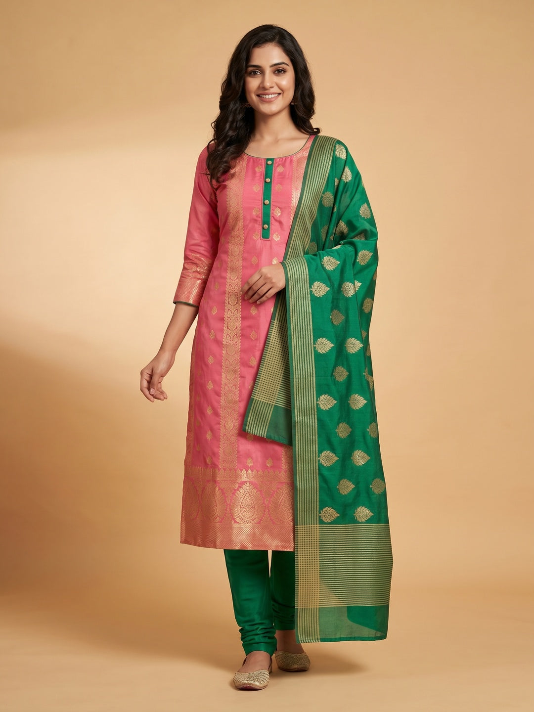 Refreshing Pink Colored Festive Wear Woven Heavy Banarasi Silk Dress Material - Image 1
