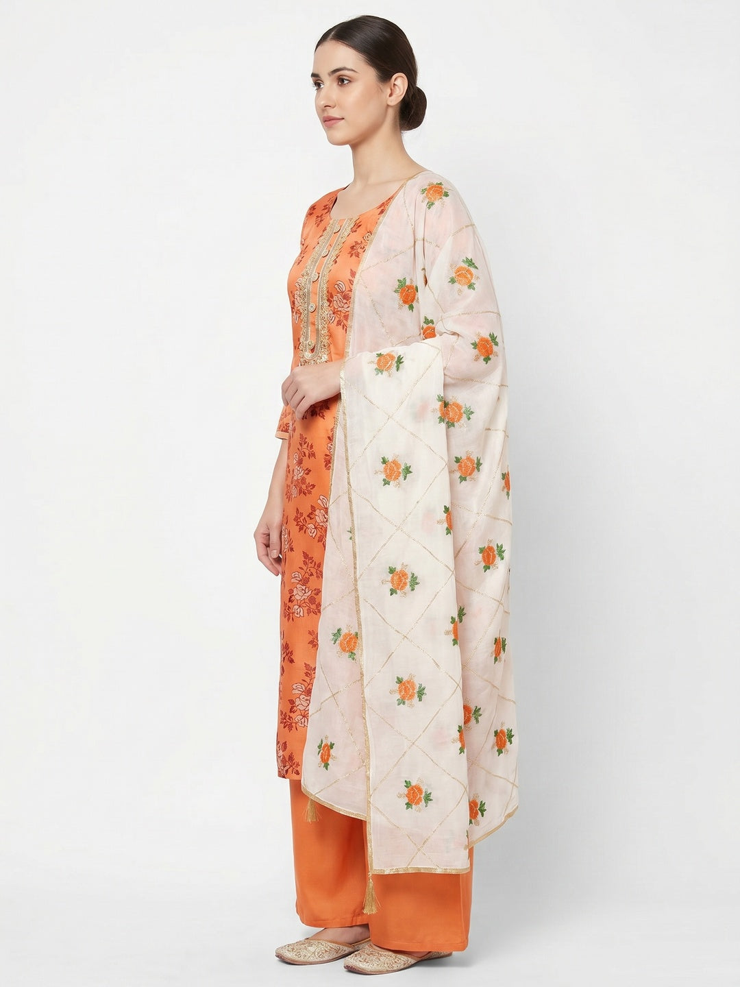 Prominent Orange Colored Casual Wear Printed Modal Silk Dress Material - Image 3