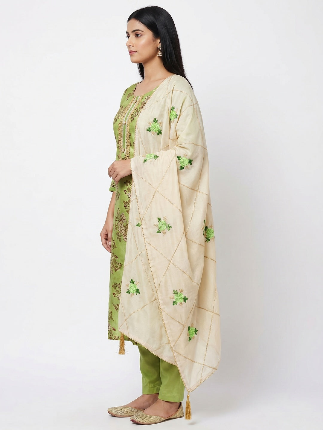 Arresting Green Colored Casual Wear Printed Modal Silk Dress Material - Image 2
