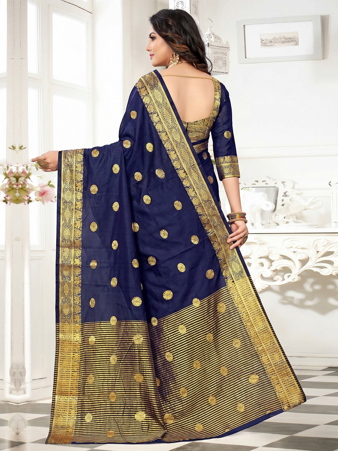 Fantastic Navy Blue Colored Festive Wear Woven Cotton Silk Saree - Image 1