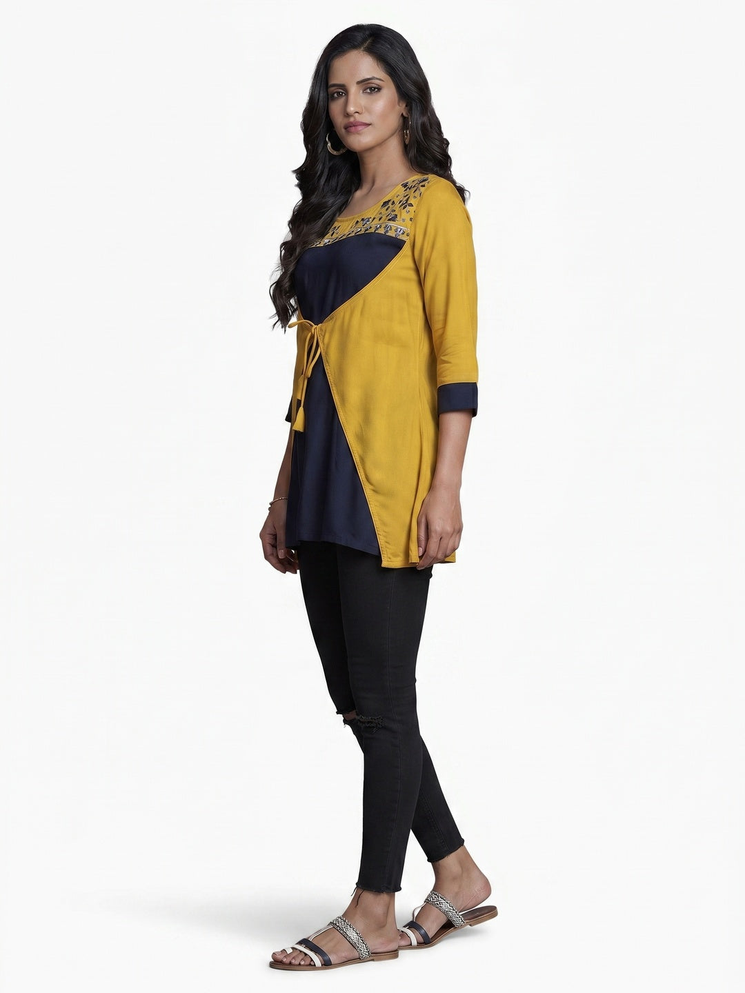 Refreshing Yellow-Navy Blue Colored Partywear Embroidered Rayon Western Top - Image 1