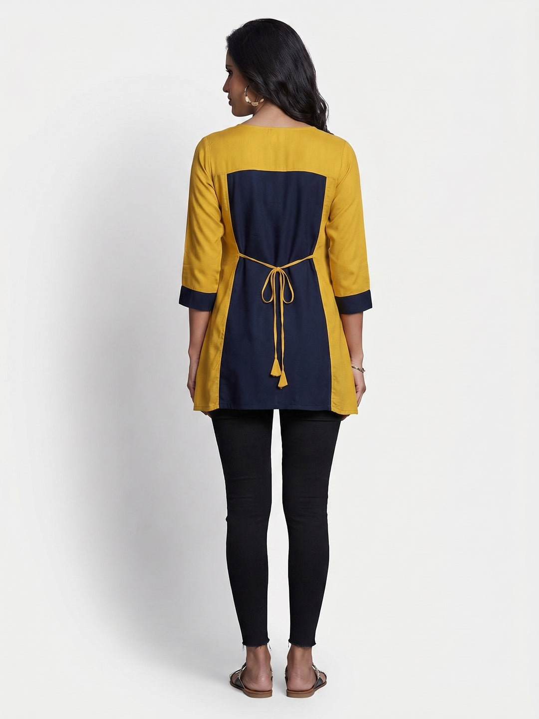 Refreshing Yellow-Navy Blue Colored Partywear Embroidered Rayon Western Top - Image 2