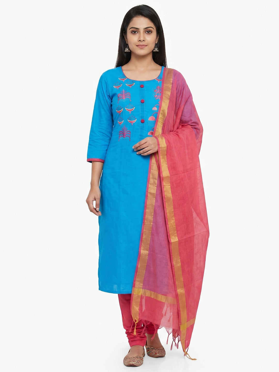 Impressive Sky Blue Colored Casual Wear Embroidered Cotton Dress Material - Image 1