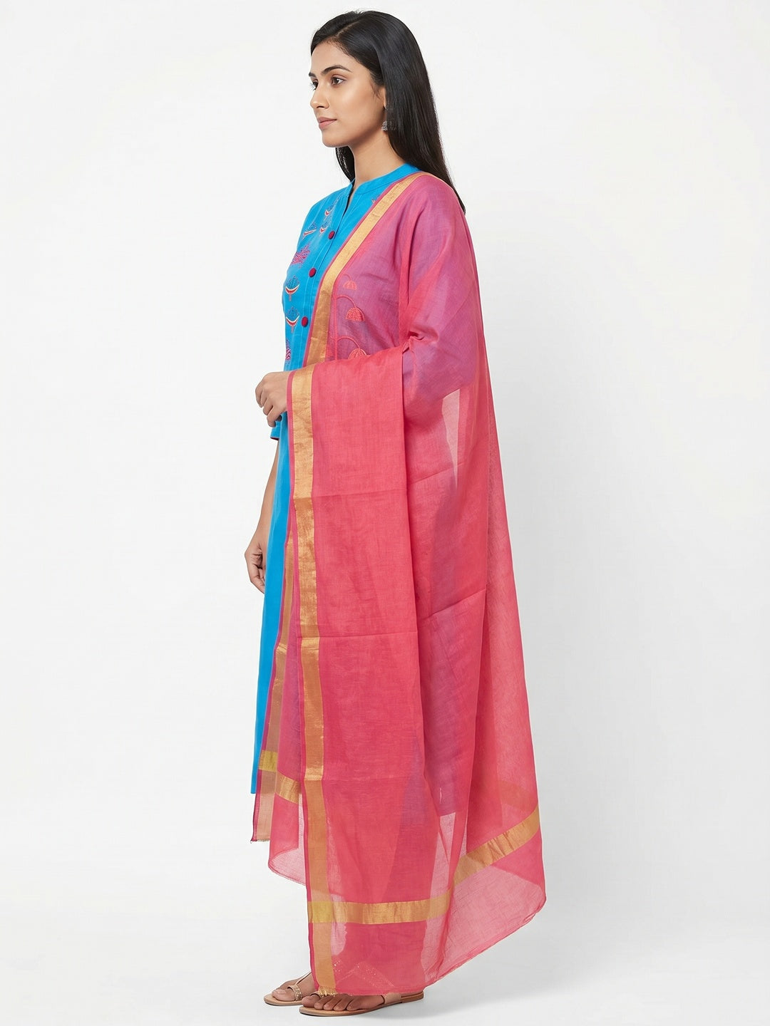 Impressive Sky Blue Colored Casual Wear Embroidered Cotton Dress Material - Image 3