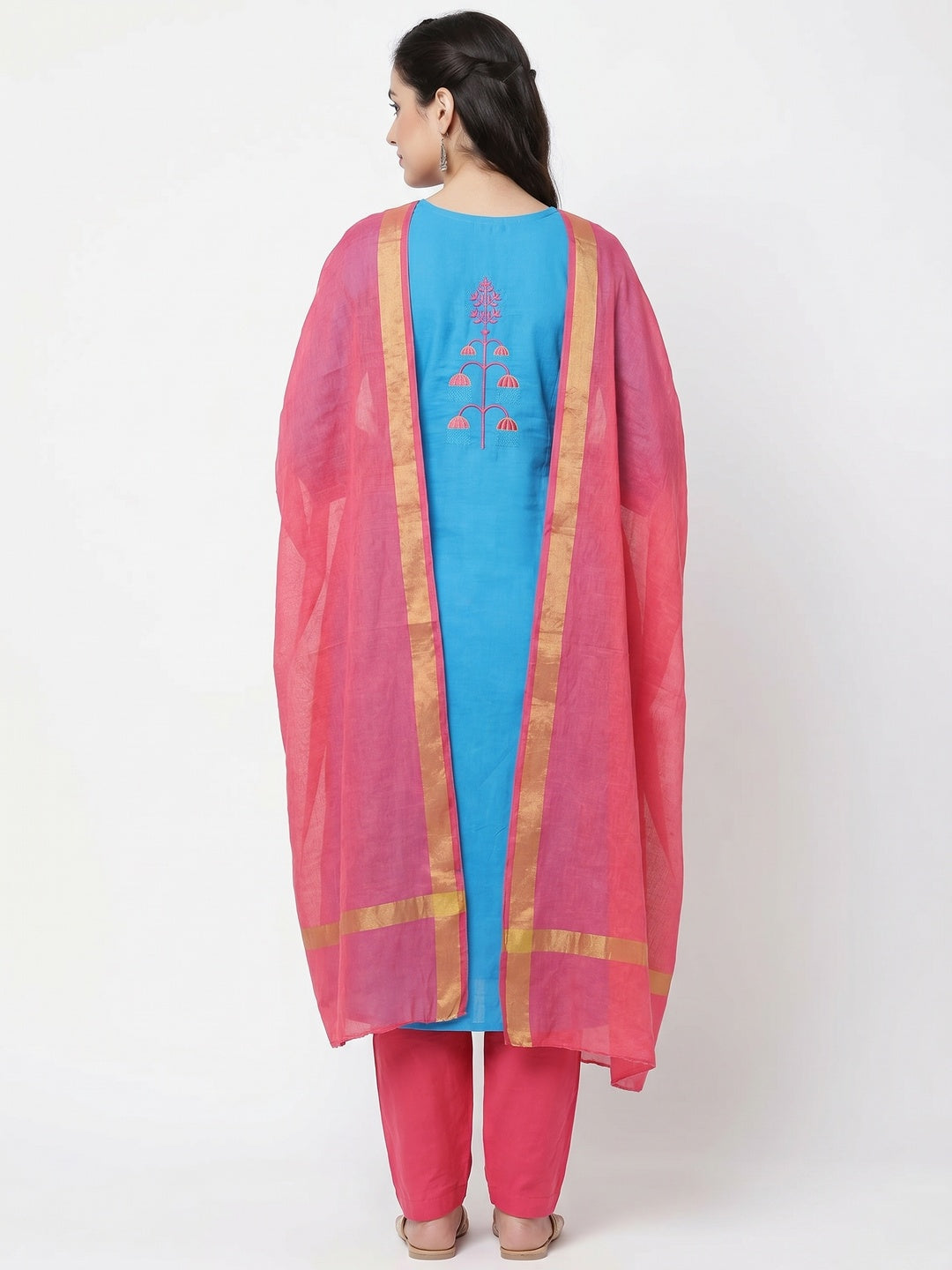 Impressive Sky Blue Colored Casual Wear Embroidered Cotton Dress Material - Image 2
