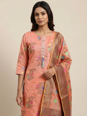 Sophisticated Peach Colored Festive Wear Woven Heavy Banarasi Silk Dress Material - Image 1