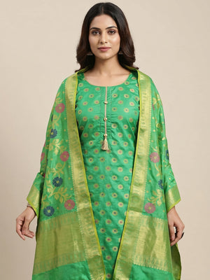 Exclusive Green Colored Festive Wear Woven Banarasi Silk Dress Material - Image 1