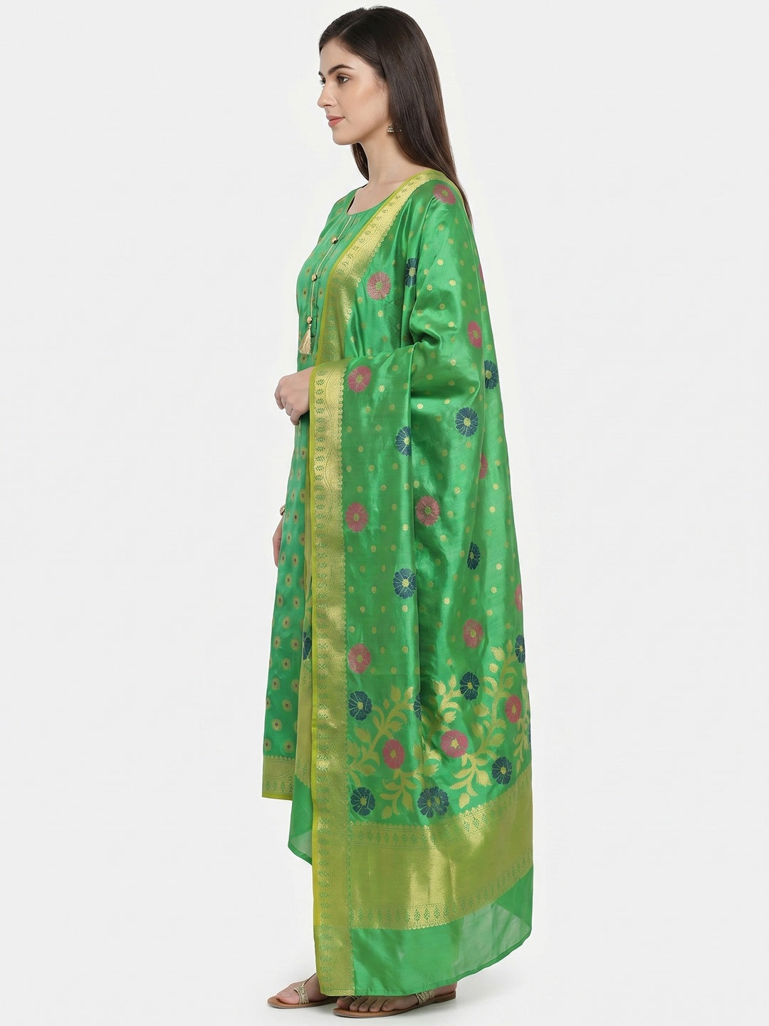 Exclusive Green Colored Festive Wear Woven Banarasi Silk Dress Material - Image 2