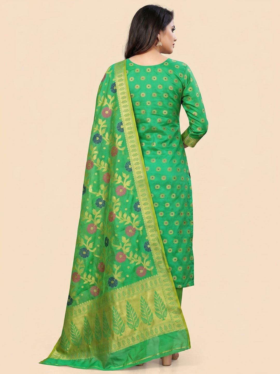 Exclusive Green Colored Festive Wear Woven Banarasi Silk Dress Material - Image 3