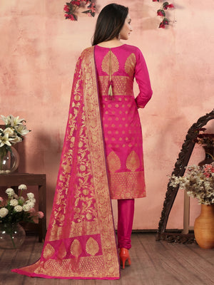 Marvellous Magenta Pink Colored Festive Wear Woven Banarasi Silk Dress Material - Image 1
