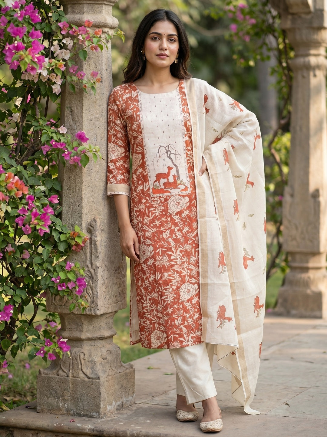 Cream & Rust Linen Dress Material with Printed Design Soft Festive Style - Image 2