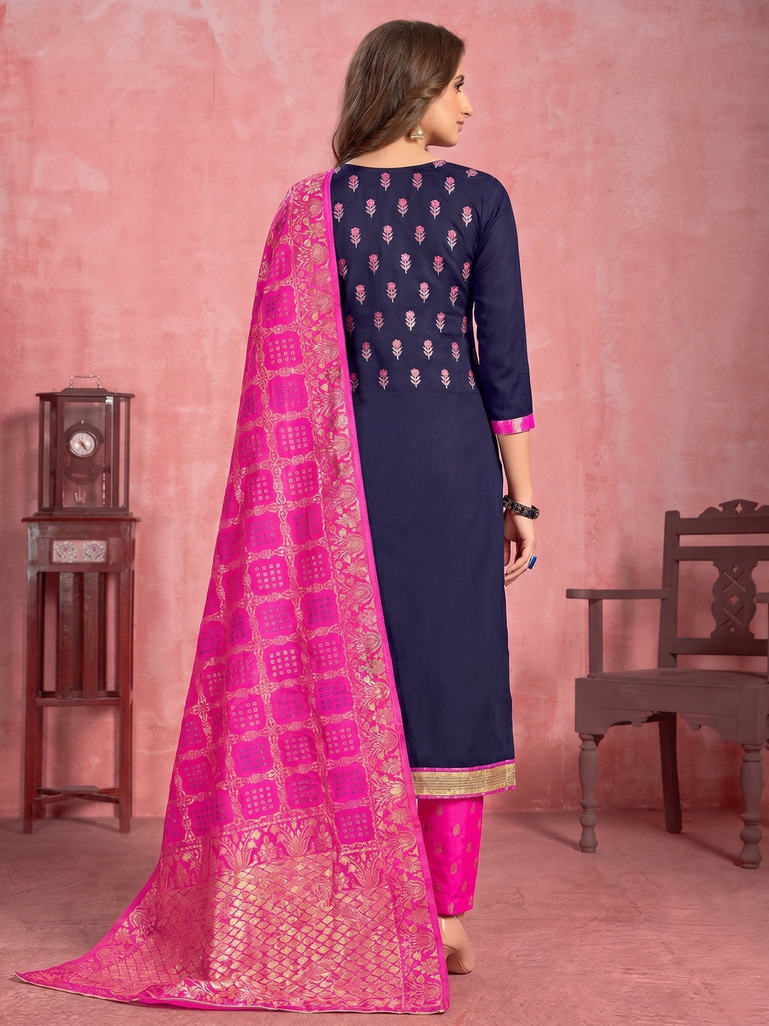 Innovative Navy Blue Colored Partywear Embroidered Pure Cotton Dress Material - Image 1
